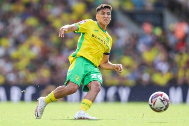 Norwich City 'den Marcelino Nunez, 17 Ağustos 2024' te Norwich City 'nin Carrow Road, Norwich' te Blackburn Rovers 'a karşı oynadığı Gökyüzü İddia Şampiyonası maçında pas attı.