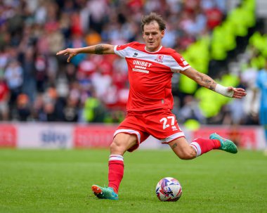 Middlesbrough 'dan Lukas Engel, 17 Ağustos 2024' te İngiltere 'nin Derby şehrinde oynanan Derby County - Middlesbrough maçında topa vuruyor.