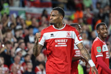 Middlesbrough 'dan Delano Burgzorg, Carabao Kupası' nda 14 Ağustos 2024 'te Leeds Road, Leeds, İngiltere' de oynanan Leeds-Middlesbrough maçında 0-2 'lik galibiyet golünü kutluyor.