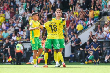 Norwich City 'den Josh Sargent, takımın 17 Ağustos 2024' te Carrow Road, Norwich, İngiltere 'de oynanan Sky Bet Şampiyonası maçında attığı ilk golü takım arkadaşlarıyla kutluyor.