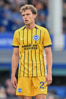 Brighton & Hove Albion takımlarından Mats Wieffer, 17 Ağustos 2024 'te Goodison Park, Liverpool' da oynanan Premier League maçında Everton ve Hove Albion 'a karşı.
