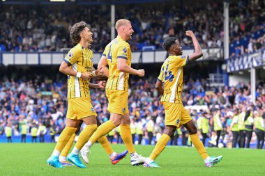 Brighton & Hove Albion takımından Simon Adingra, 17 Ağustos 2024 'te Goodison Park, Liverpool' da oynanan Premier League maçı sırasında Brighton ve Hove Albion karşısında 0-3 Brighton 'a ulaşma hedefini kutluyor.