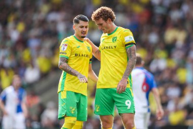Norwich City 'den Borja Sainz ve Josh Sargent 17 Ağustos 2024' te Norwich City, Norwich Road, Norwich, İngiltere 'de Blackburn Rovers' a karşı oynanan Gökyüzü İddia Şampiyonası maçında taktik konuşuyorlar.
