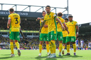 Norwich City 'den Borja Sainz, takımın 17 Ağustos 2024' te Carrow Road, Norwich, İngiltere 'de oynanan Norwich City-Blackburn Rovers maçındaki ikinci golü sonrasında takım arkadaşlarıyla kutluyor.