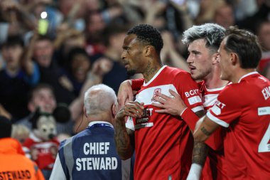 Middlesbrough 'dan Delano Burgzorg, Carabao Kupası' nda 14 Ağustos 2024 'te Leeds Road, Leeds, İngiltere' de oynanan Leeds-Middlesbrough maçında 0-2 'lik galibiyet golünü kutluyor.