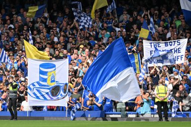 Everton taraftarları Premier Lig maçı öncesinde Goodison Park, Liverpool, İngiltere 'de Everton ve Hove Albion' a karşı 17 Ağustos 2024 'te oynanacak.