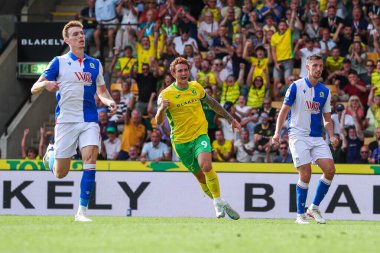 Norwich City 'den Josh Sargent, takımın 17 Ağustos 2024' te Carrow Road, Norwich, İngiltere 'de oynanan Sky Bet Şampiyonası maçında attığı ilk golü kutluyor.