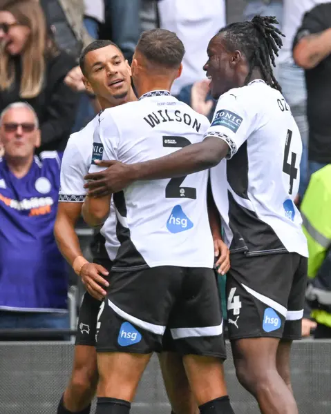 stock image Kayden JACKSON of Derby County FC celebrates scoring goal in the first half with Kane WILSON of Derby County FC and David OZOH of Derby County FC during the Sky Bet Championship match Derby County vs Middlesbrough at Pride Park Stadium, Derby