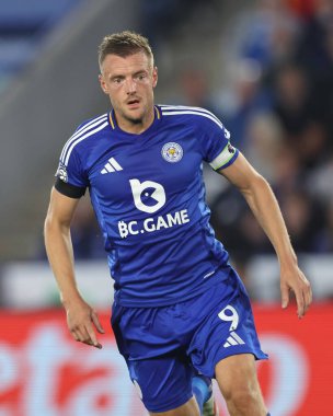 Leicester City 'den Jamie Vardy Premier League maçı sırasında Leicester City, King Power Stadyumu' nda Tottenham Hotspur 'a karşı, 19 Ağustos 2024