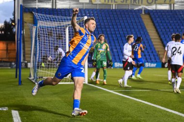 Shrewsbury Town 'dan Jordan Shipley, 20 Ağustos 2024' te Croud Meadow, Shrewsbury, İngiltere 'de oynanan Bristol Street Motors Kupası' nda Shrewsbury Town - Fulham U21 maçında 1-0 'lık galibiyetini kutluyor.