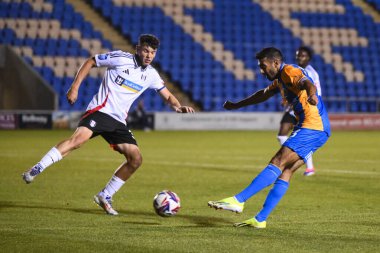 Shrewsbury Town 'dan Mal Benning, 20 Ağustos 2024' te Croud Meadow, Shrewsbury, Birleşik Krallık 'ta oynanan Shrewsbury Town - Fulham U21 maçında kalede atış yaptı.