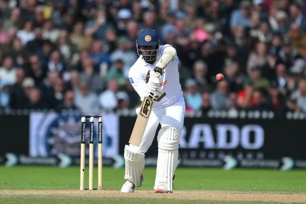 stock image Angelo Mathews of Sri Lanka faces a delivery during the England Men v Sri Lanka 1st Rothesay Test Match Day 3 at Old Trafford, Manchester, United Kingdom, 23rd August 2024