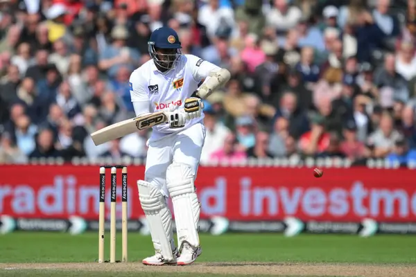 stock image Angelo Mathews of Sri Lanka faces a delivery during the England Men v Sri Lanka 1st Rothesay Test Match Day 3 at Old Trafford, Manchester, United Kingdom, 23rd August 2024