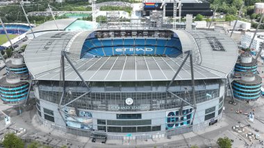 Etihad Stadyumu, Premier Lig maçı öncesinde Manchester City ile Ipswich Town arasında 24 Ağustos 2024 'te Etihad Stadyumu' nda havadan izleniyor.