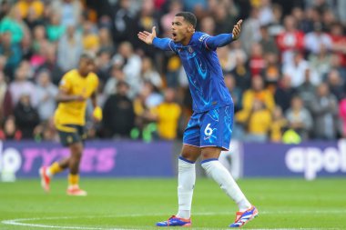 Chelsea 'den Levi Colwill, 25 Ağustos 2024' te İngiltere 'nin Molineux kentinde oynanan Premier League karşılaşmasında Wolverhampton Wanderers Chelsea' ye karşı tepki gösterdi.