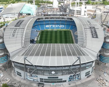 Etihad Stadyumu, Premier Lig maçı öncesinde Manchester City ile Ipswich Town arasında 24 Ağustos 2024 'te Etihad Stadyumu' nda havadan izleniyor.