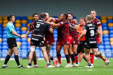 Rob Butler of Broncos gets scrap with Gareth OBrien and Zak Hardaker of Leopards, with other teammates joining in during Betfred Super League Round 23 match London Broncos vs Leigh Leopards at Plough Lane, Wimbledon, United Kingdom, 25th August 2024 clipart