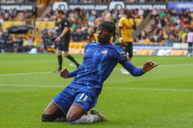 Chelsea 'den Noni Madueke, Premier League maçında Wolverhampton Wanderers Chelsea' ye karşı 25 Ağustos 2024 'te Molineux, Wolverhampton, Birleşik Krallık' ta 2-4 'lük galibiyet golünü kutluyor.