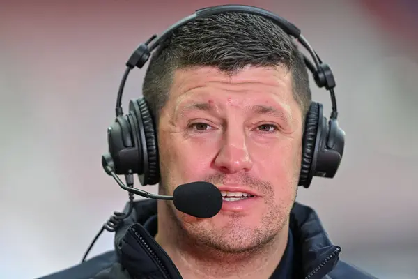 stock image Matt Peet Head Coach of Wigan Warriors all smiles during a post match interview during the Betfred Super League Round 23 match Wigan Warriors vs Hull FC at DW Stadium, Wigan, United Kingdom, 25th August 2024