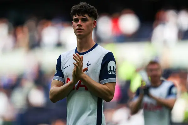 stock image Archie Gray of Tottenham Hotspur acknowledges the fans after the teams victory following the Premier League match Tottenham Hotspur vs Everton at Tottenham Hotspur Stadium, London, United Kingdom, 24th August 2024