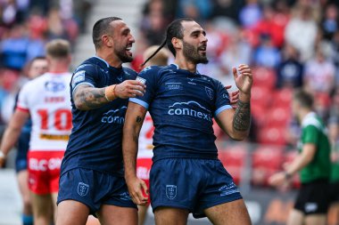 Hull KR 'dan Tyrone May, Betfred Süper Lig 23. Raundda St Helens vs Hull KR maçında 24 Ağustos 2024' te St Helens Stadyumu 'nda 0-16 Hull' a ulaşma çabasını kutluyor.