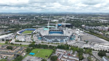 Etihad Stadyumu, Premier Lig maçı öncesinde Manchester City ile Ipswich Town arasında 24 Ağustos 2024 'te Etihad Stadyumu' nda havadan izleniyor.