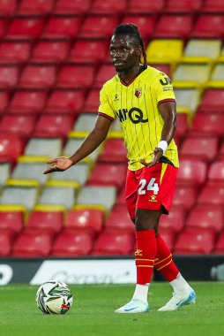 Watford 'dan Tom Dele-Bashiru, 27 Ağustos 2024' te İngiltere 'nin Watford kenti Vicarage Road' da Watford-Plymouth Argyle maçında tepki gösterdi.