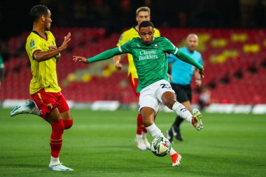 Brendan Galloway of Plymouth Argyle controls the ball during the Carabao Cup match Watford vs Plymouth Argyle at Vicarage Road, Watford, United Kingdom, 27th August 2024 clipart