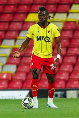 Watford 'dan Tom Dele-Bashiru, 27 Ağustos 2024' te İngiltere 'nin Watford kenti Vicarage Road' da Watford-Plymouth Argyle maçında tepki gösterdi.