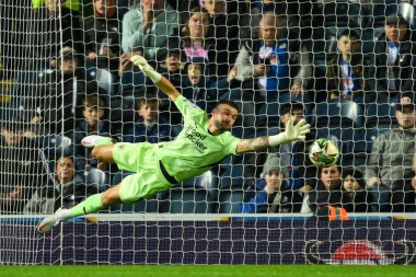 Blackpool 'dan Richard O' Donnell, Blackburn Rovers 'ın 27 Ağustos 2024' te Ewood Park, Blackburn 'de oynadığı Carabao Kupası maçında kurtarıyor.
