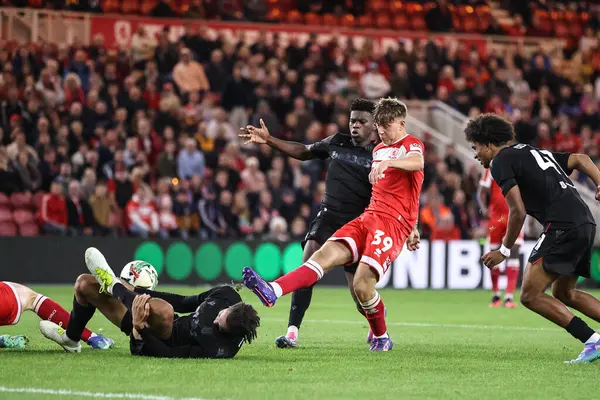 stock image Sonny Finch of Middlesbrough shoots on goal during the Carabao Cup match Middlesbrough vs Stoke City at Riverside Stadium, Middlesbrough, United Kingdom, 27th August 2024