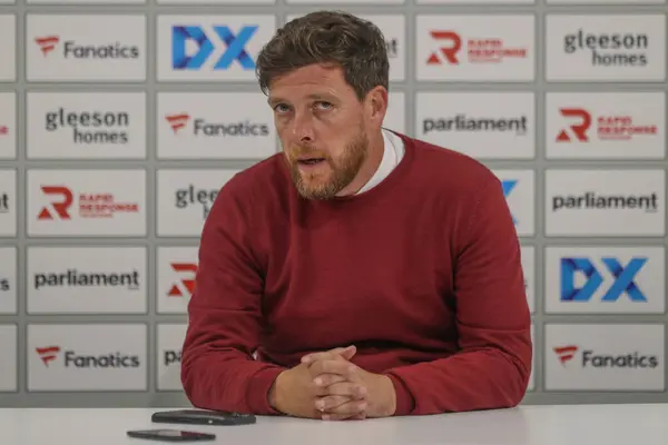 stock image Darrell Clarke manager of Barnsley speaks in the post match press conference during the Carabao Cup match Barnsley vs Sheffield United at Oakwell, Barnsley, United Kingdom, 27th August 2024