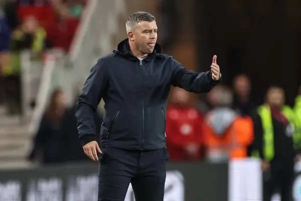 stock image Steven Schumacher manager of Stoke City reacts in the technical area during the Carabao Cup match Middlesbrough vs Stoke City at Riverside Stadium, Middlesbrough, United Kingdom, 27th August 2024