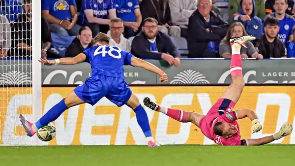 stock image Chris POPOV of Leicester City  beats the Tranmere Rovers Goalkeeper to strike at the goal during the Carabao Cup match Leicester City vs Tranmere Rovers at King Power Stadium, Leicester, United Kingdom, 27th August 2024