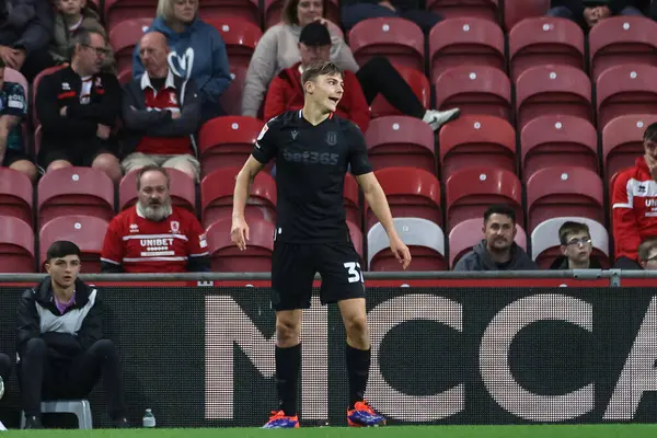 stock image Emre Tezgel of Stoke City celebrates his goal to make it 0-1 during the Carabao Cup match Middlesbrough vs Stoke City at Riverside Stadium, Middlesbrough, United Kingdom, 27th August 2024