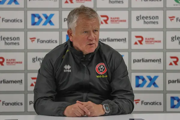 stock image Chris Wilder manager of Sheffield United speaks in the post match press conference during the Carabao Cup match Barnsley vs Sheffield United at Oakwell, Barnsley, United Kingdom, 27th August 202