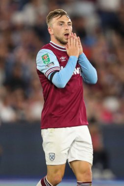 West Ham United takımından Jarrod Bowen, 28 Ağustos 2024 'te Londra' daki Londra Stadyumu 'nda oynanan West Ham United-Bournemouth maçında tepki gösterdi.
