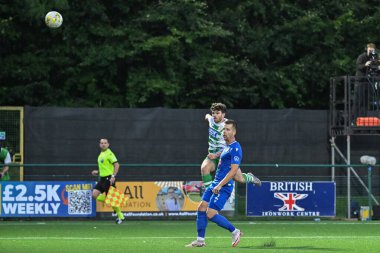 The New Saints 'ten Ben Clark, UEFA Konferans Ligi maçında gol atıyordu. The New Saints vs FK Panevys, Park Hall Stadyumu, Oswestry, Birleşik Krallık, 29 Ağustos 2024