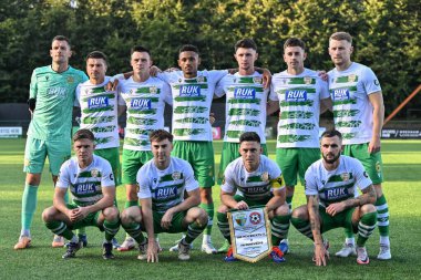 The New Saint, UEFA Konferans Ligi karşılaşması öncesinde New Saints - FK Panevys maçı öncesinde, Birleşik Krallık 'ın Oswestry şehrinde, Park Hall Stadyumu' nda poz verdi.