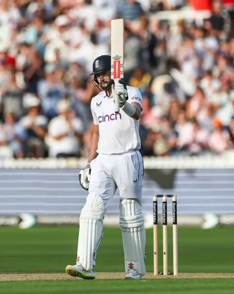 stock image Gus Atkinson of England celebrates his maiden test half century (50 runs) during the England Men v Sri Lanka 2nd Rothesay Test Match Day 1 at Lords, London, United Kingdom, 29th August 2024