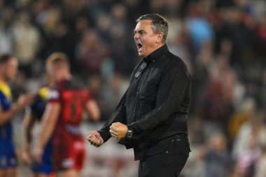 Derek Beaumont owner of Leigh Leopards celebrates his sides win at the end of the Betfred Super League Round 24 match Leigh Leopards vs Warrington Wolves at Leigh Sports Village, Leigh, United Kingdom, 30th August 2024 clipart