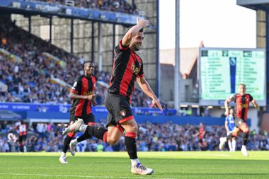 Bournemouth 'dan Lewis Cook, İngiltere' nin Liverpool kenti Goodison Park 'ta oynanan Premier League maçında Everton' a karşı Bournemouth maçında 2-2 'lik galibiyetini kutluyor.