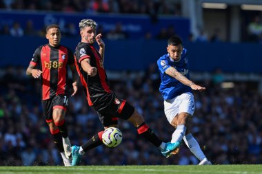 Everton 'dan Dwight McNeil, İngiltere' nin Liverpool kenti Goodison Park 'ta oynanan Everton-Bournemouth Premier League maçında kalede şut çekti.