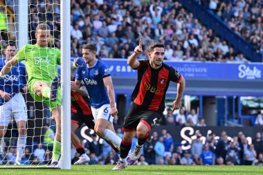 Bournemouth 'dan Lewis Cook, İngiltere' nin Liverpool kenti Goodison Park 'ta oynanan Premier League maçında Everton' a karşı Bournemouth maçında 2-2 'lik galibiyetini kutluyor.
