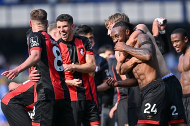 Bournemouth, İngiltere 'nin Liverpool kenti Goodison Park' ta oynanan Everton-Bournemouth Premier League maçında tam zamanlı sonucu kutluyor.