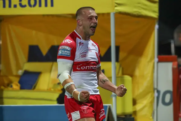 stock image Mikey Lewis of Hull KR celebrates his try during the Betfred Super League Round 24 match Hull KR vs Salford Red Devils at Sewell Group Craven Park, Kingston upon Hull, United Kingdom, 30th August 2024