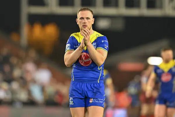 stock image Ben Currie of Warrington Wolves claps fans at full time during the Betfred Super League Round 24 match Leigh Leopards vs Warrington Wolves at Leigh Sports Village, Leigh, United Kingdom, 30th August 2024