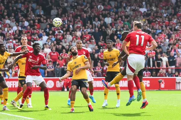 stock image Chris Wood of Nottingham Forest scores to make it 1-0 during the Premier League match Nottingham Forest vs Wolverhampton Wanderers at City Ground, Nottingham, United Kingdom, 31st August 2024