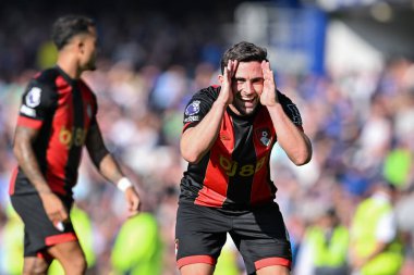 Bournemouth 'dan Lewis Cook, İngiltere' nin Liverpool kenti Goodison Park 'ta oynanan Premier League maçında Everton' a karşı Bournemouth maçında 2-2 'lik galibiyetini kutluyor.