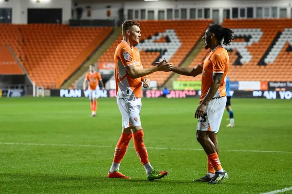 stock image Sonny Carey of Blackpool celebrates his goal to make it 3-0 during the Bristol Street Motors Trophy match Blackpool vs Crewe Alexandra at Bloomfield Road, Blackpool, United Kingdom, 3rd September 2024